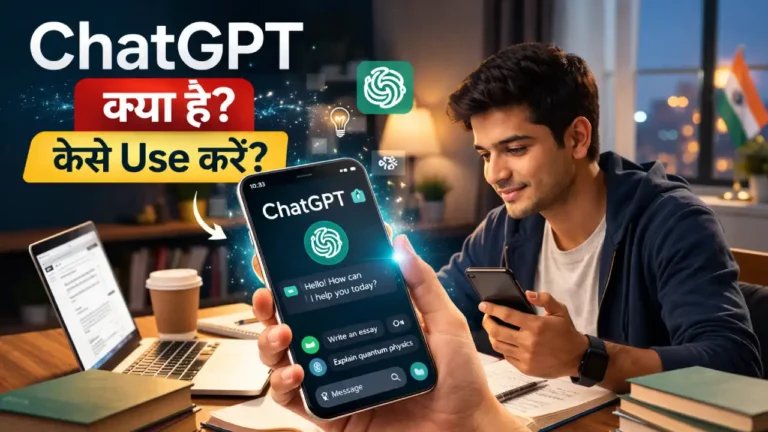 Indian student using ChatGPT app on smartphone at night study desk with books and laptop, ChatGPT kya hai aur kaise use kare concept image