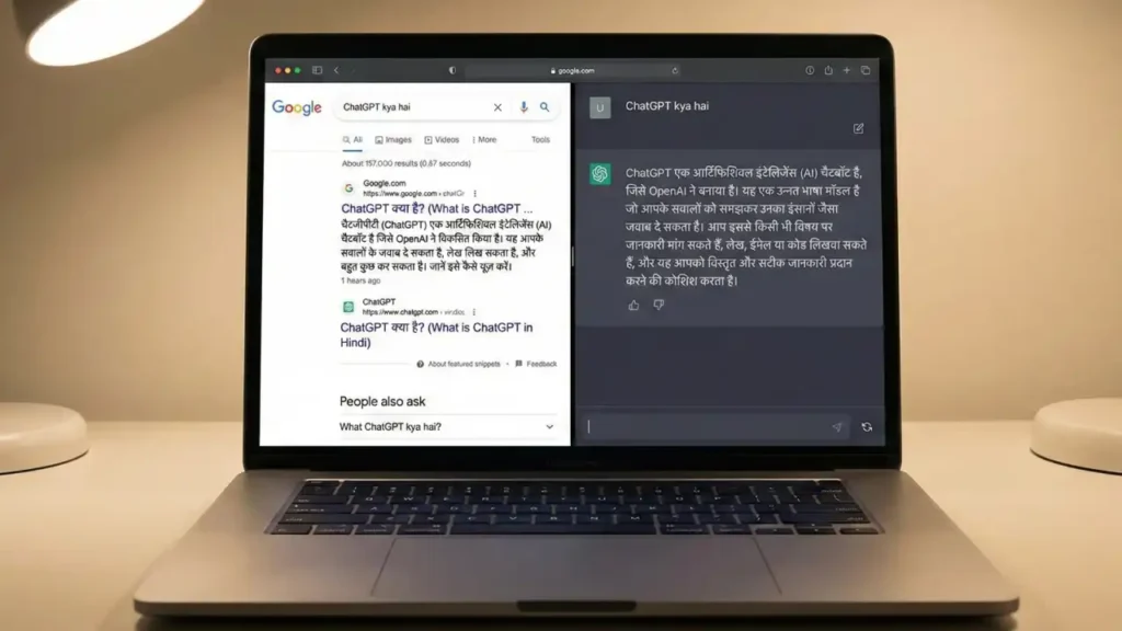 Split screen comparison of Google search results and ChatGPT chat interface showing google vs chatgpt difference in clean modern UI, chatgpt aur google me kya fark hai concept image
