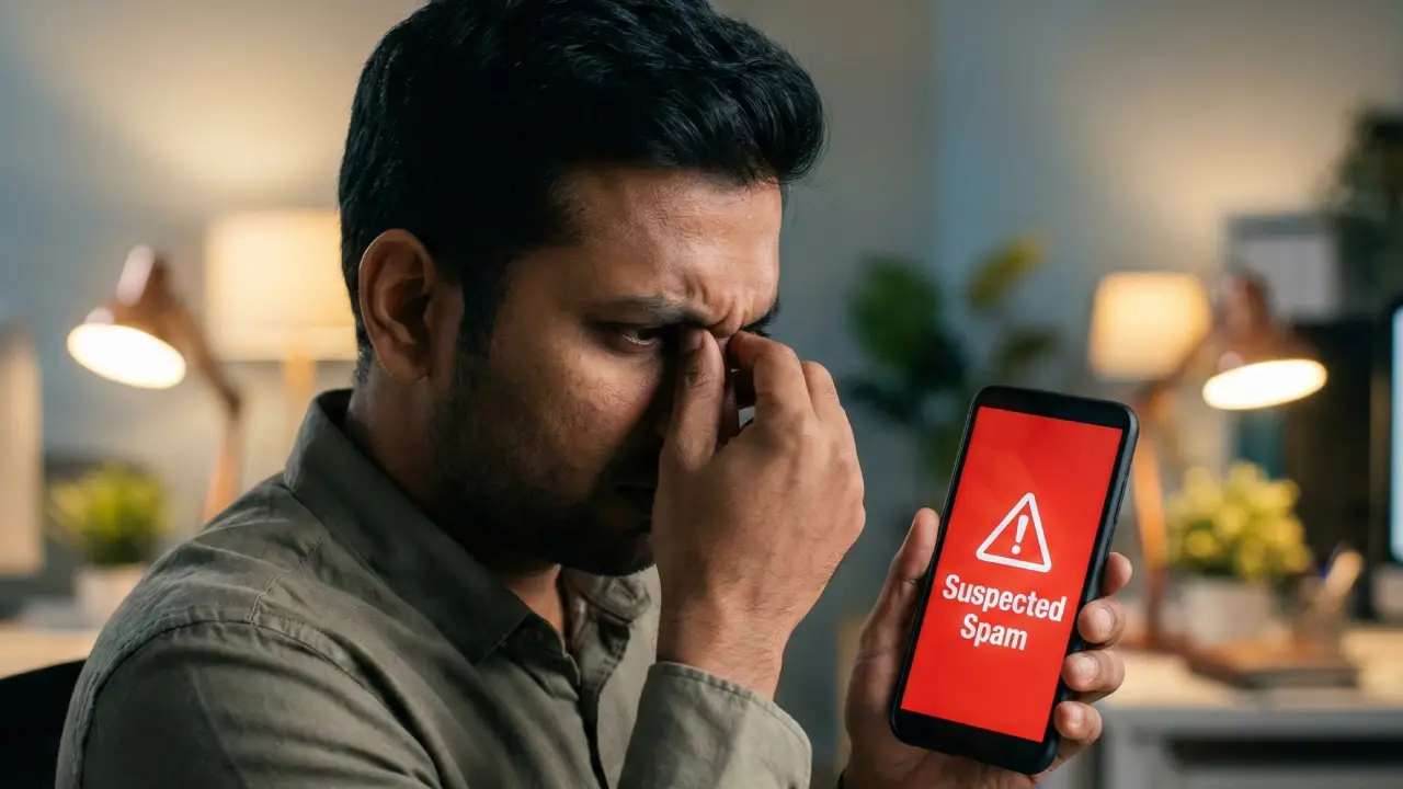 एक परेशान भारतीय व्यक्ति अपने स्मार्टफोन की स्क्रीन पर लाल रंग की 'Suspected Spam' कॉल चेतावनी को निराशा से देख रहा है।
